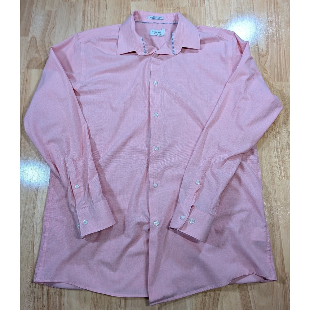 Haggar Men's Fitted Dress Shirt 16.5 34/35 Pink Long Sleeve Button Up Large